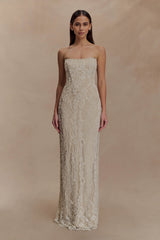 Eva Hand Beaded Pearl & Lace Maxi Dress - White