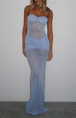 Sheer Grace Strapless Glitter Maxi Dress Powder Blue
