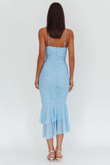 Nadia Ruffle Neckline Ruched Midi Dress Blue