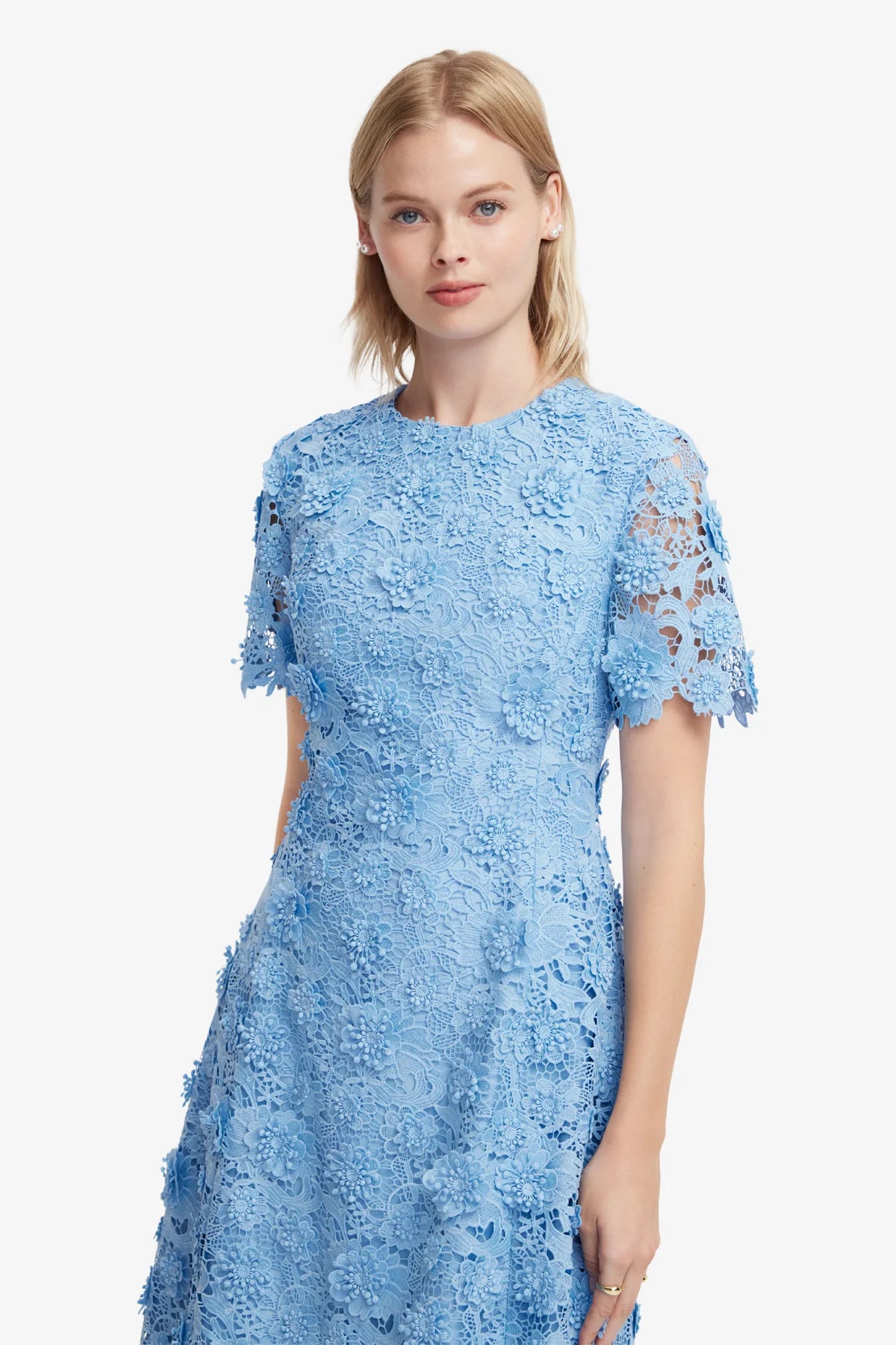 Caroline Lace Short Sleeves Midi Dress - Pastel Blue