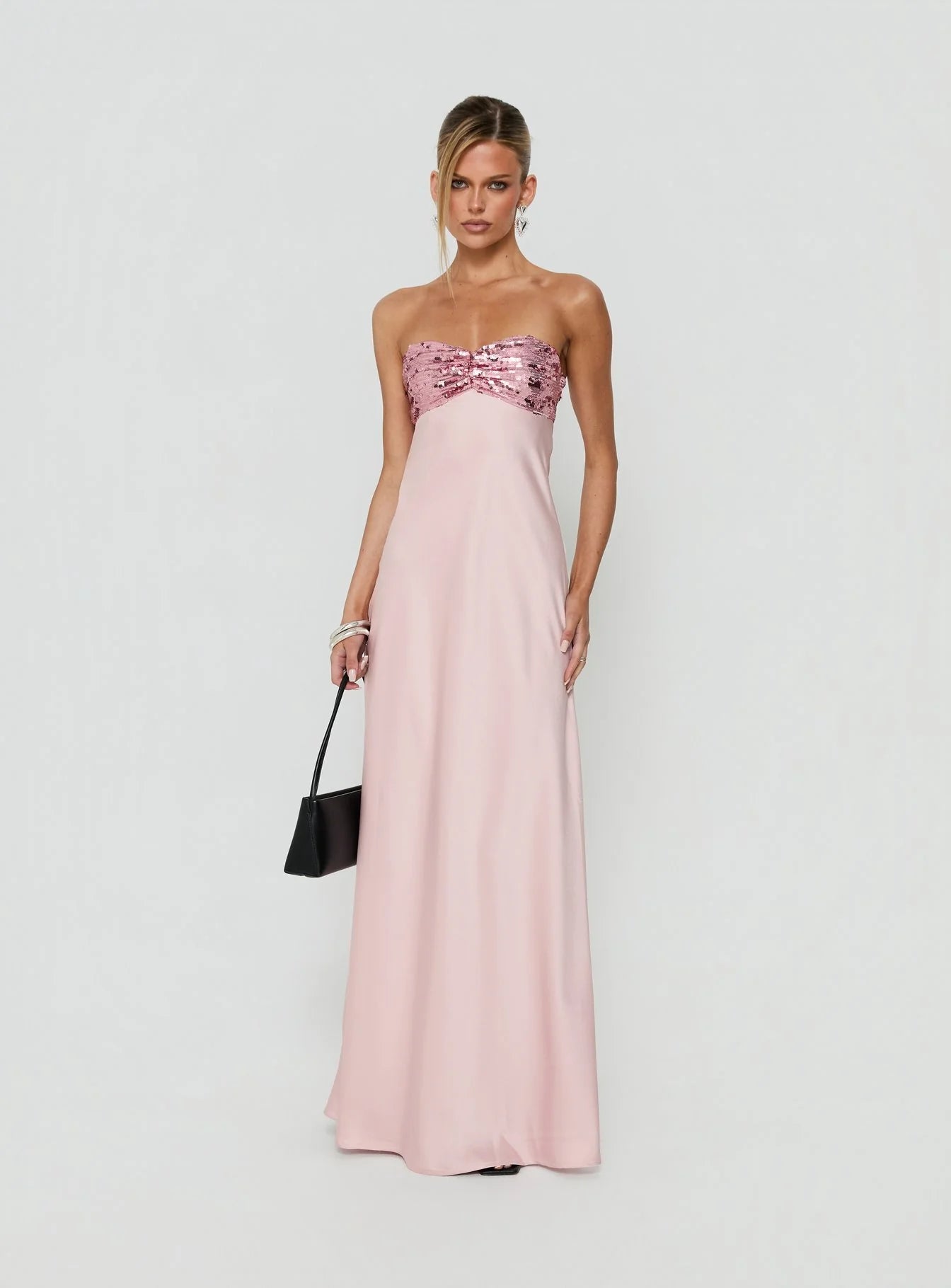 See The Vision Sequin Bust Strapless Maxi Dress Pink