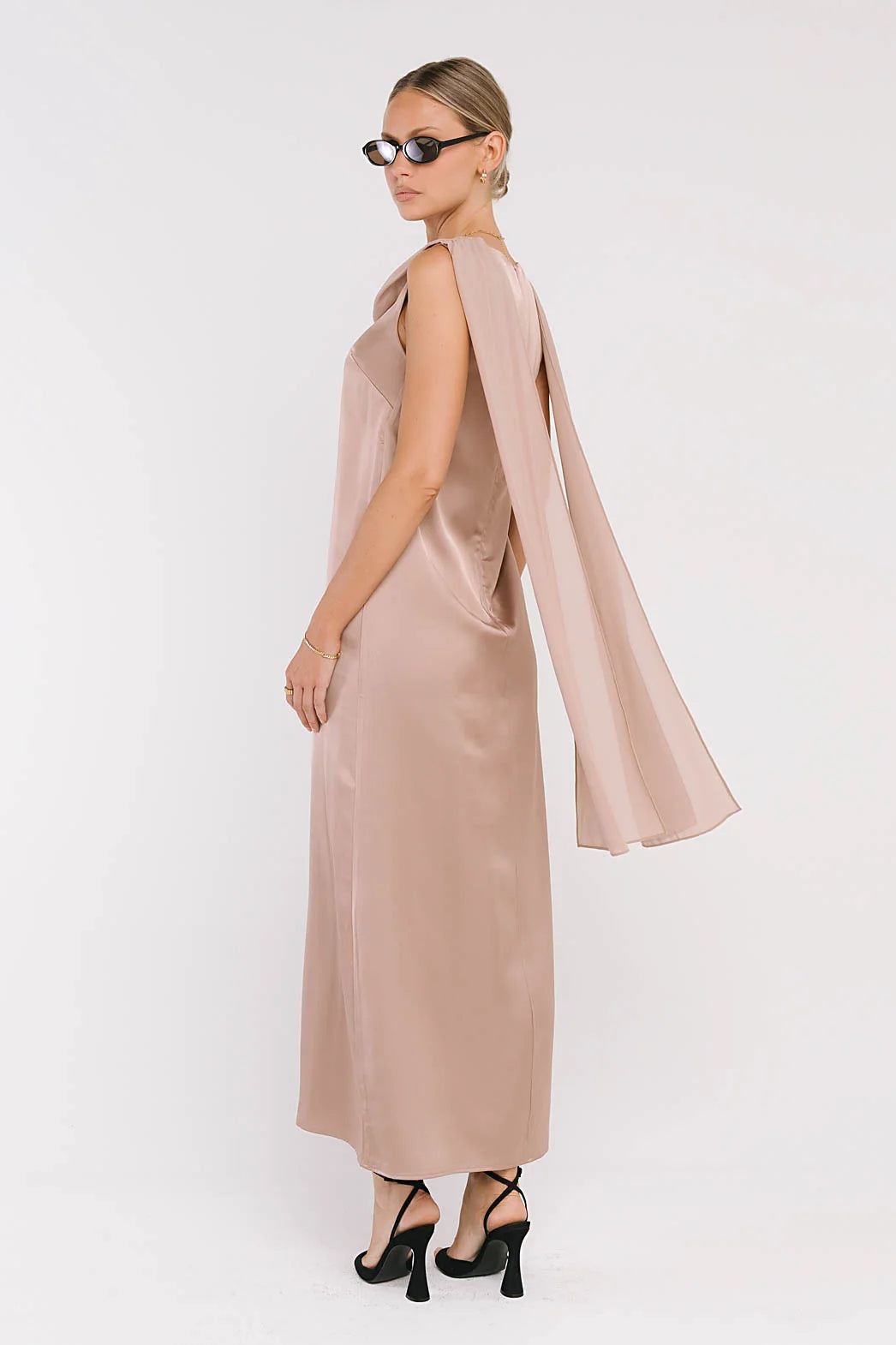Lauren Satin Maxi Dress in Taupe