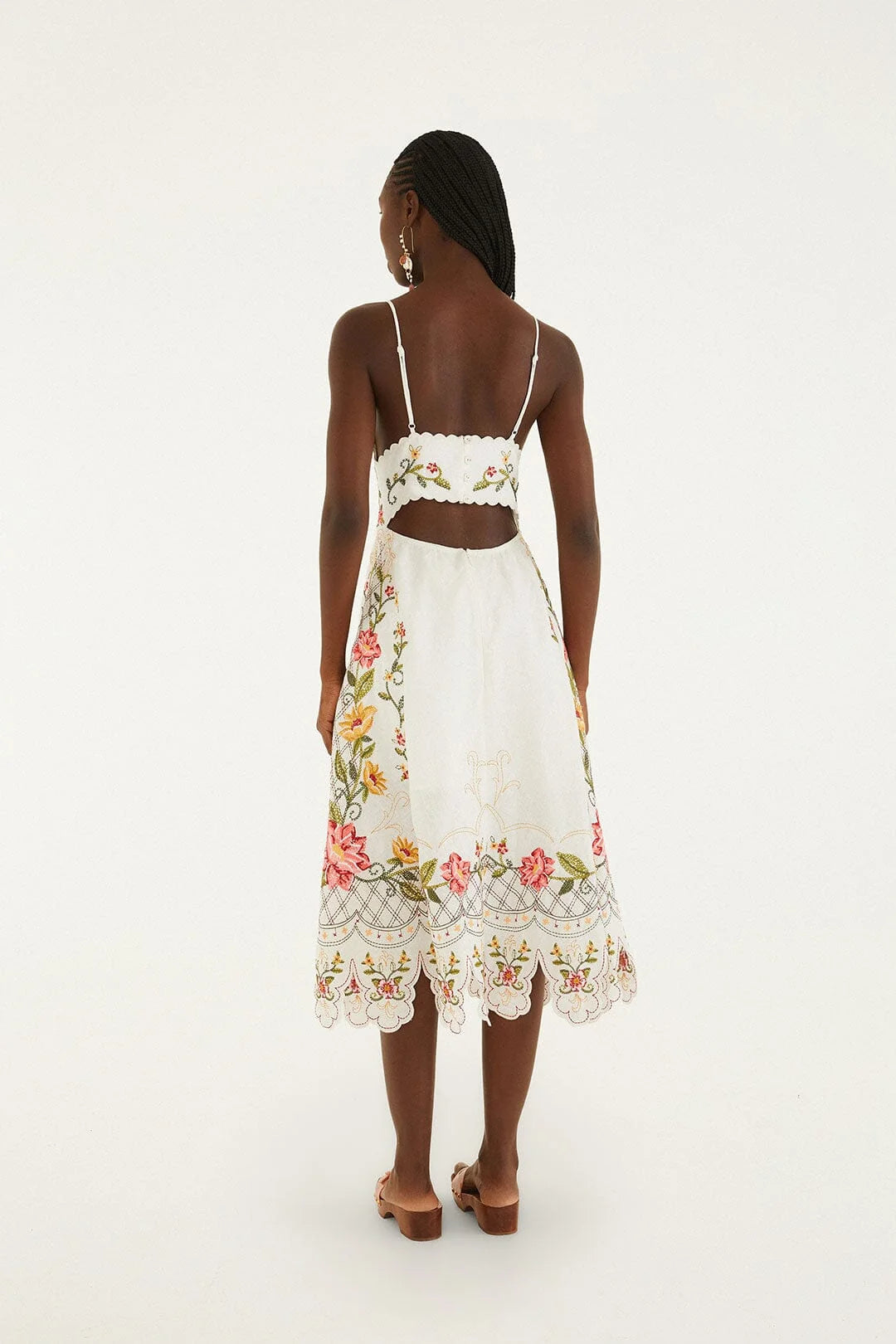 Off-White Flower Embroidery Asymetric Hem Midi Dress