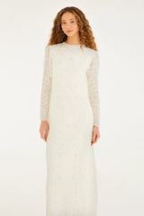 Off-White Embroidered Crew Neck Long Sleeve Maxi Dress