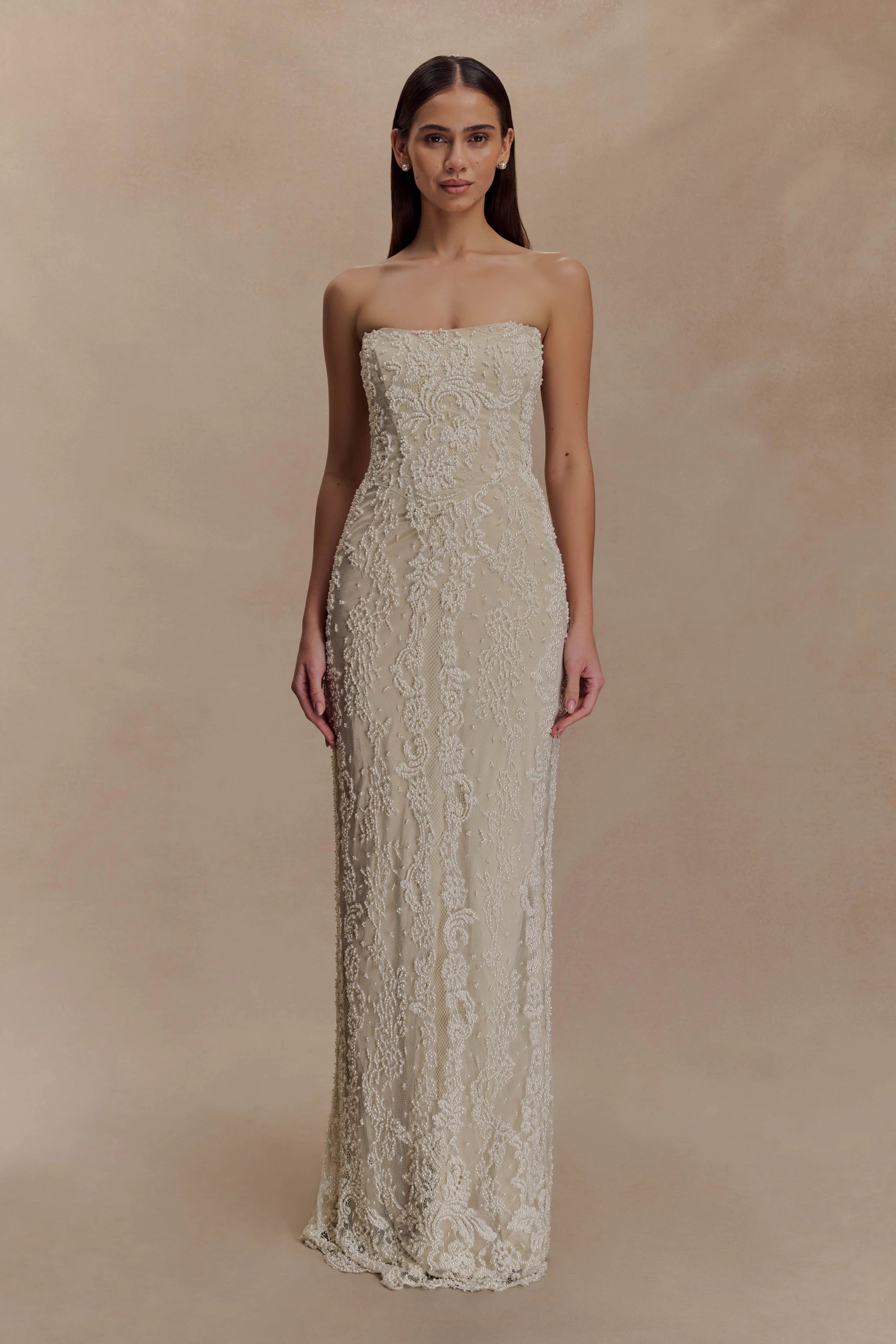 Eva Hand Beaded Pearl & Lace Maxi Dress - White