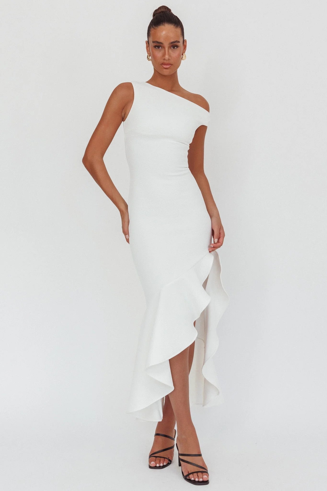 Lights On One-Shoulder Ruffle Hem Maxi Dress White