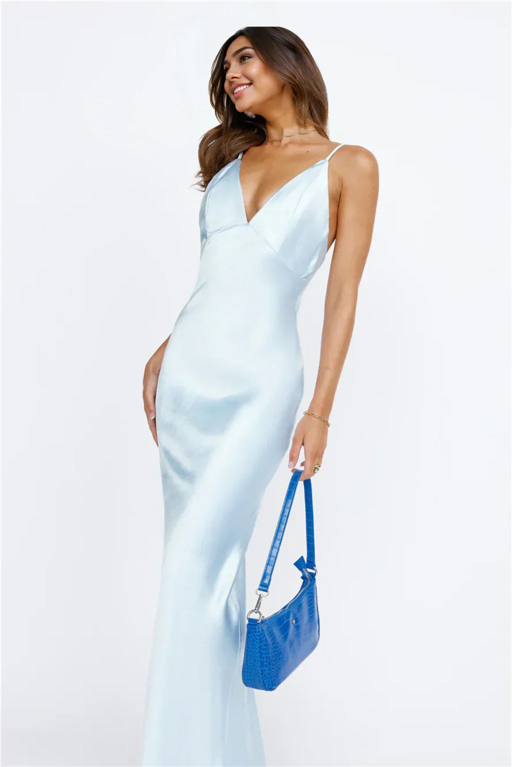 Nights Under Stars Satin Maxi Dress Light Blue