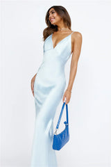 Nights Under Stars Satin Maxi Dress Light Blue