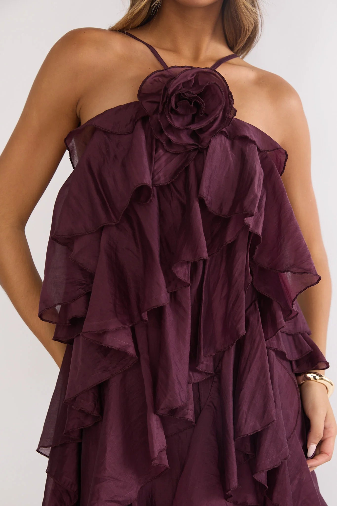 Secret Rendezvous Layered Ruffle Maxi Dress Maroon