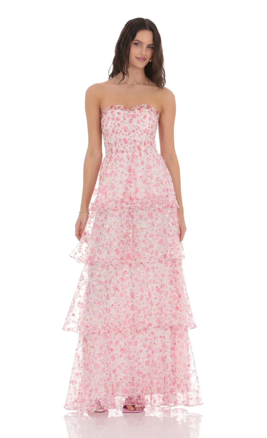 Smocked Floral Ruffle Maxi Dress in Pink