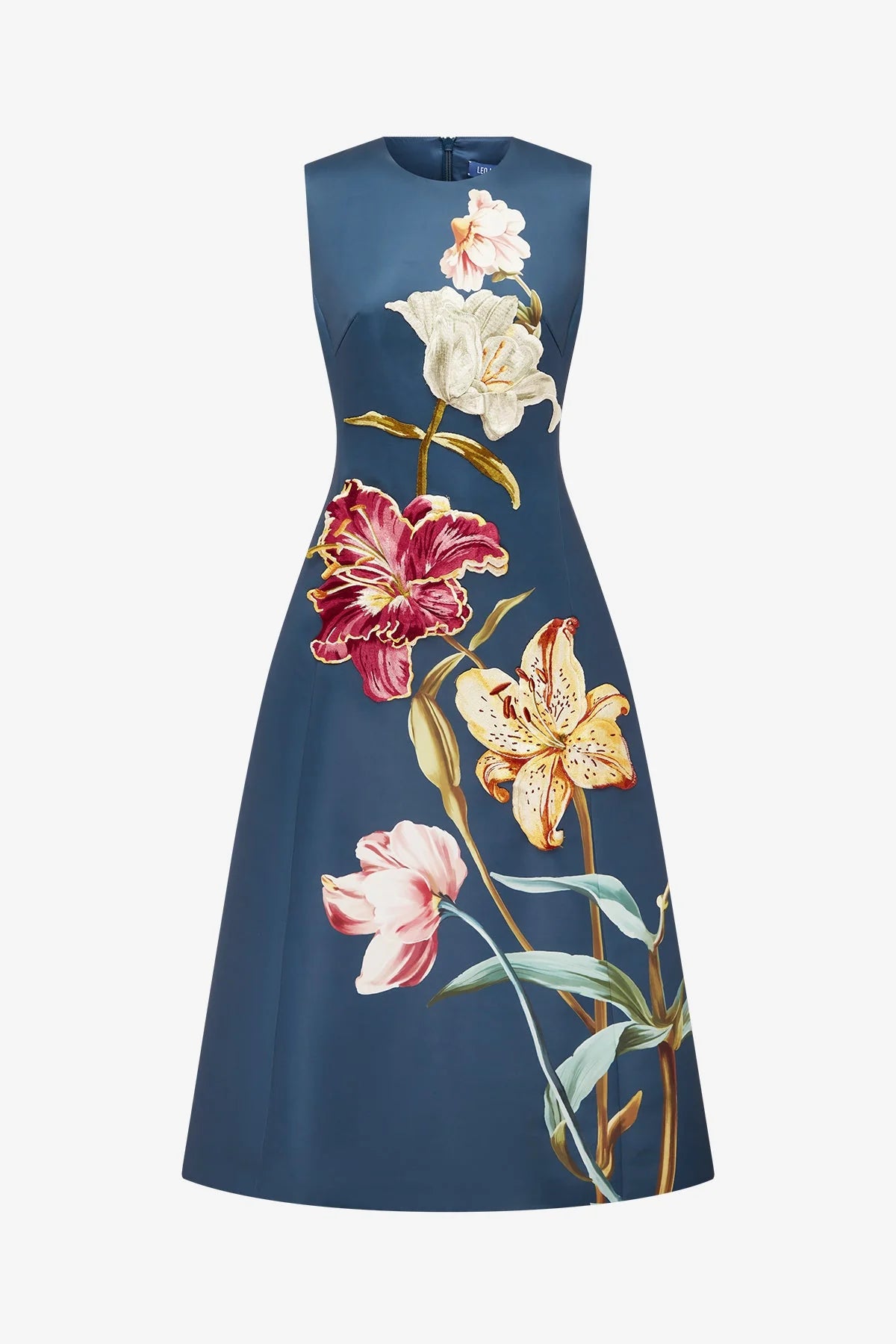 Cleo Embroidered Sleeveless Midi Dress - Lily Print in Indigo