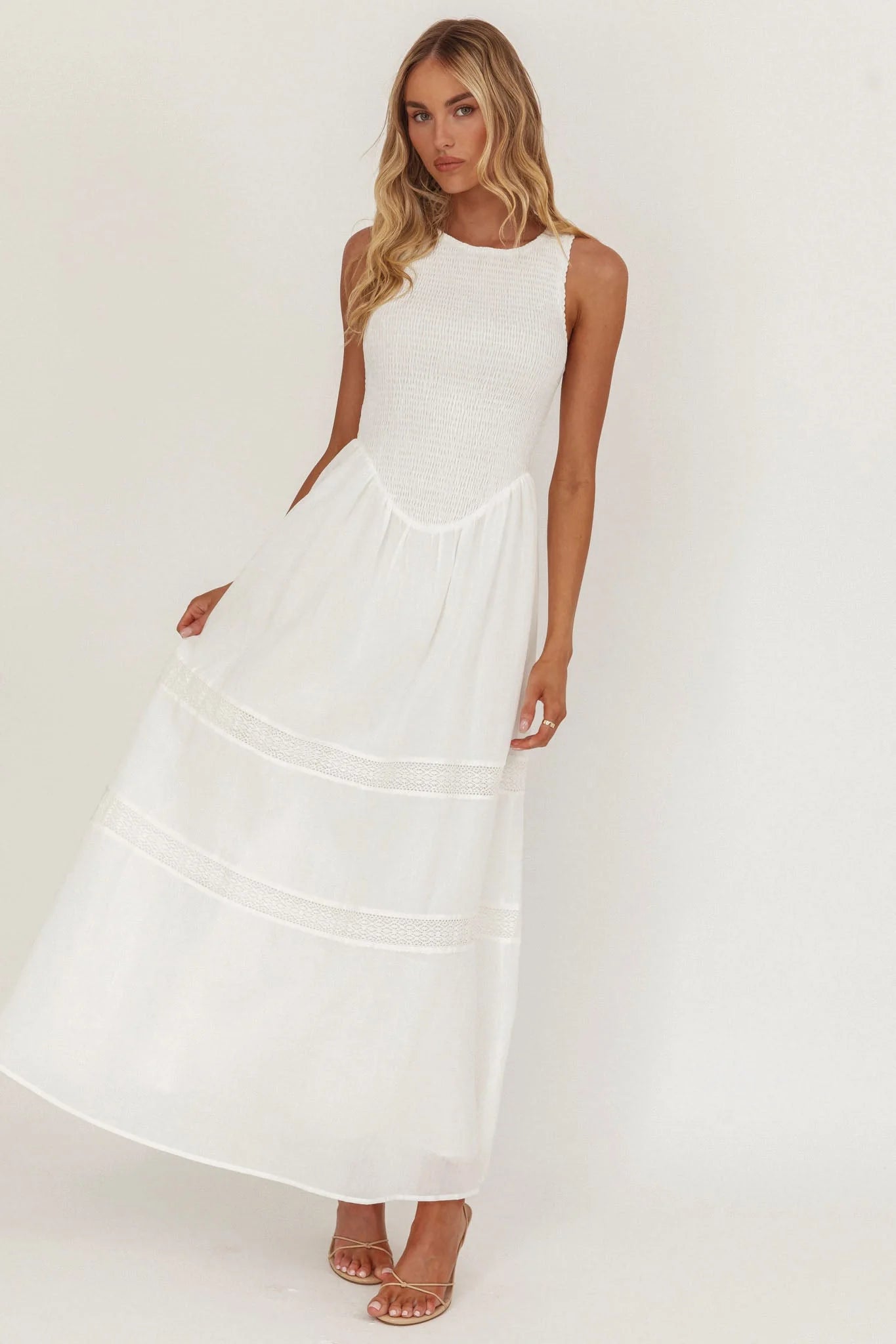 Smith Shirred Bodice Midi Dress White