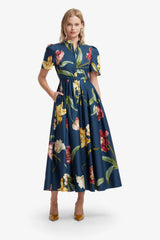 Bianca Short Sleeve Midi Dress - Lily Print in Indigo