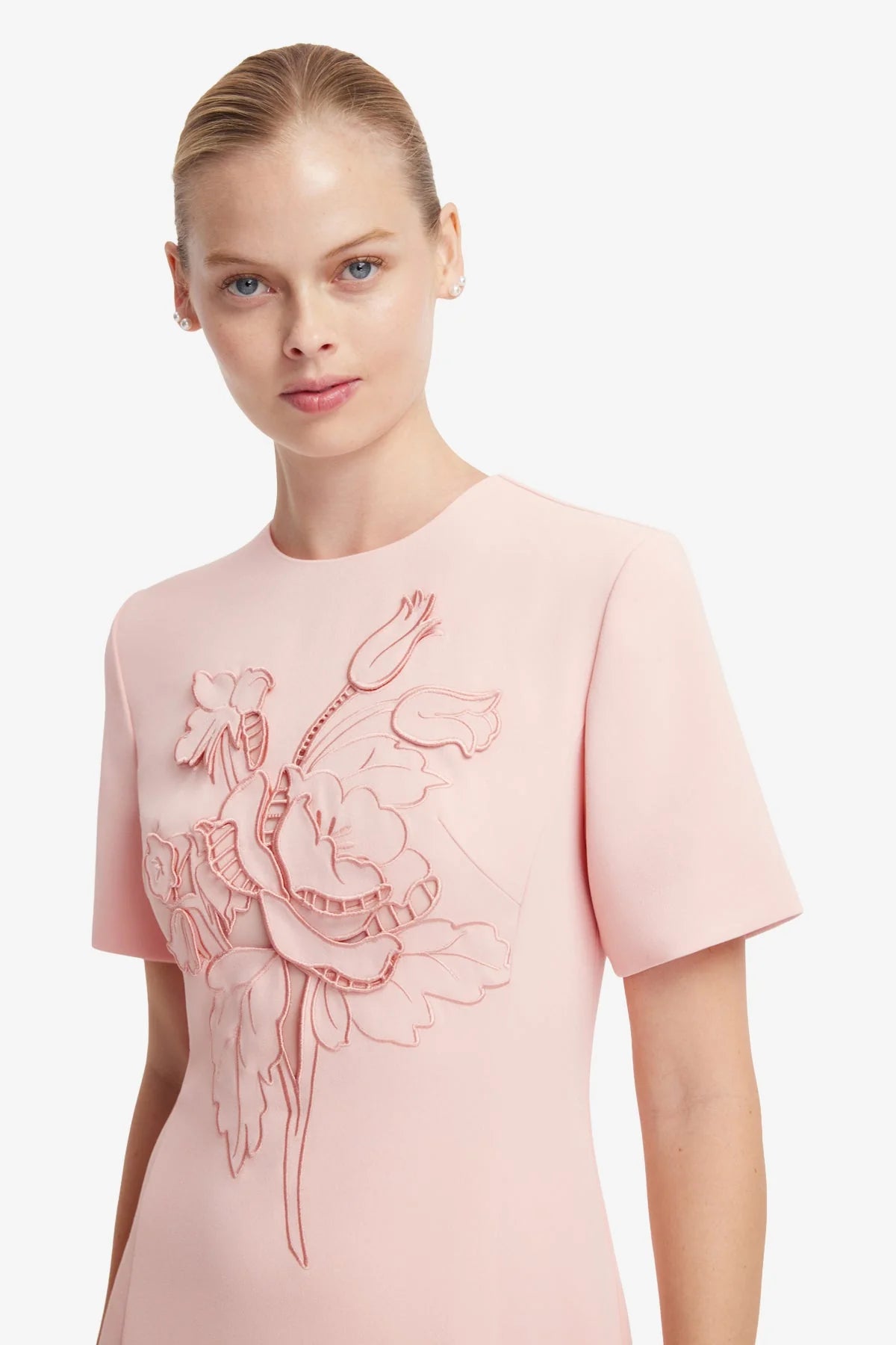 Caroline Appliqué Short Sleeve Midi Dress - Dusty Pink