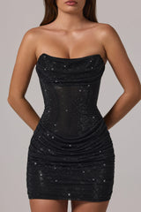 Embellished Bandeau Cowl-Waist Mini Dress in Black