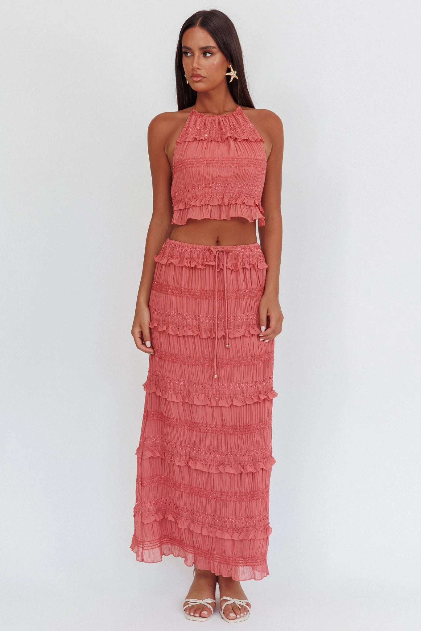Helios Shirred Sequin Maxi Skirt Rose