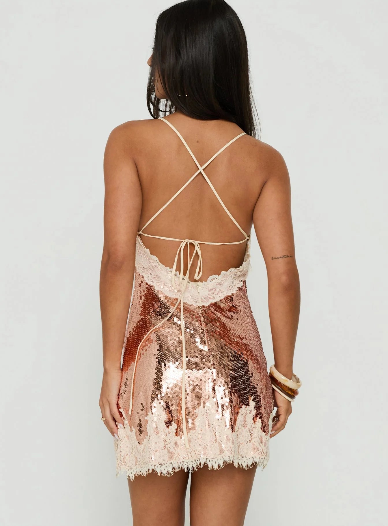Call My Lover Lace Slip Mini Dress Gold Sequin