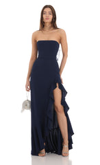 Strapless Back Bow Corset Maxi Dress in Navy