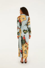 Multicolor Beaches Path Collared Buttoned Maxi Dress