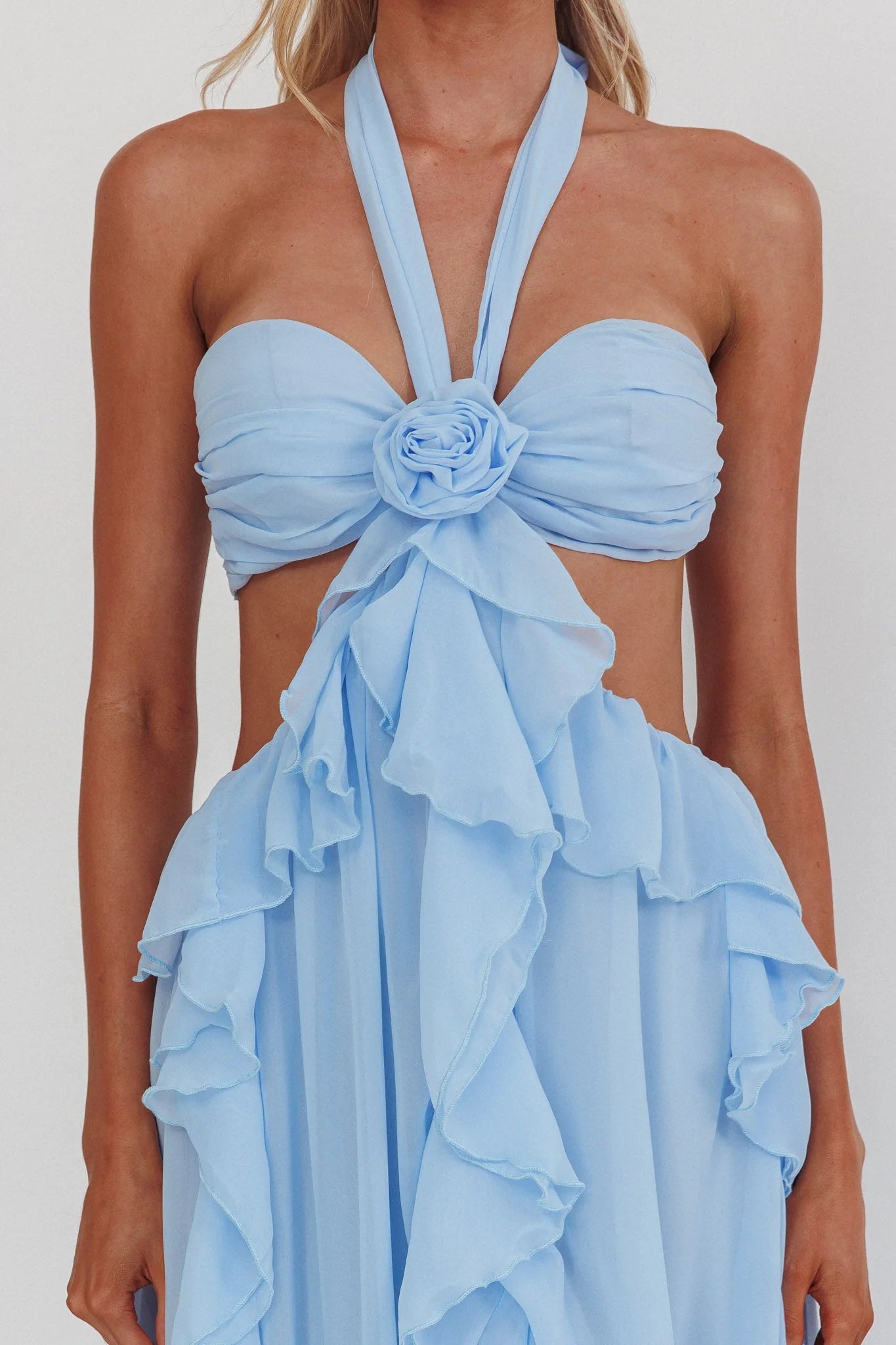 Santiago Cut-Out Ruffle Maxi Dress Ice Blue