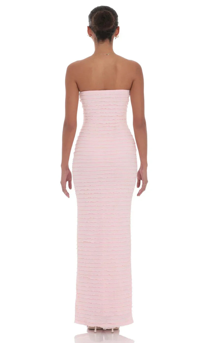 Strapless Ruffle Maxi Dress in Pink