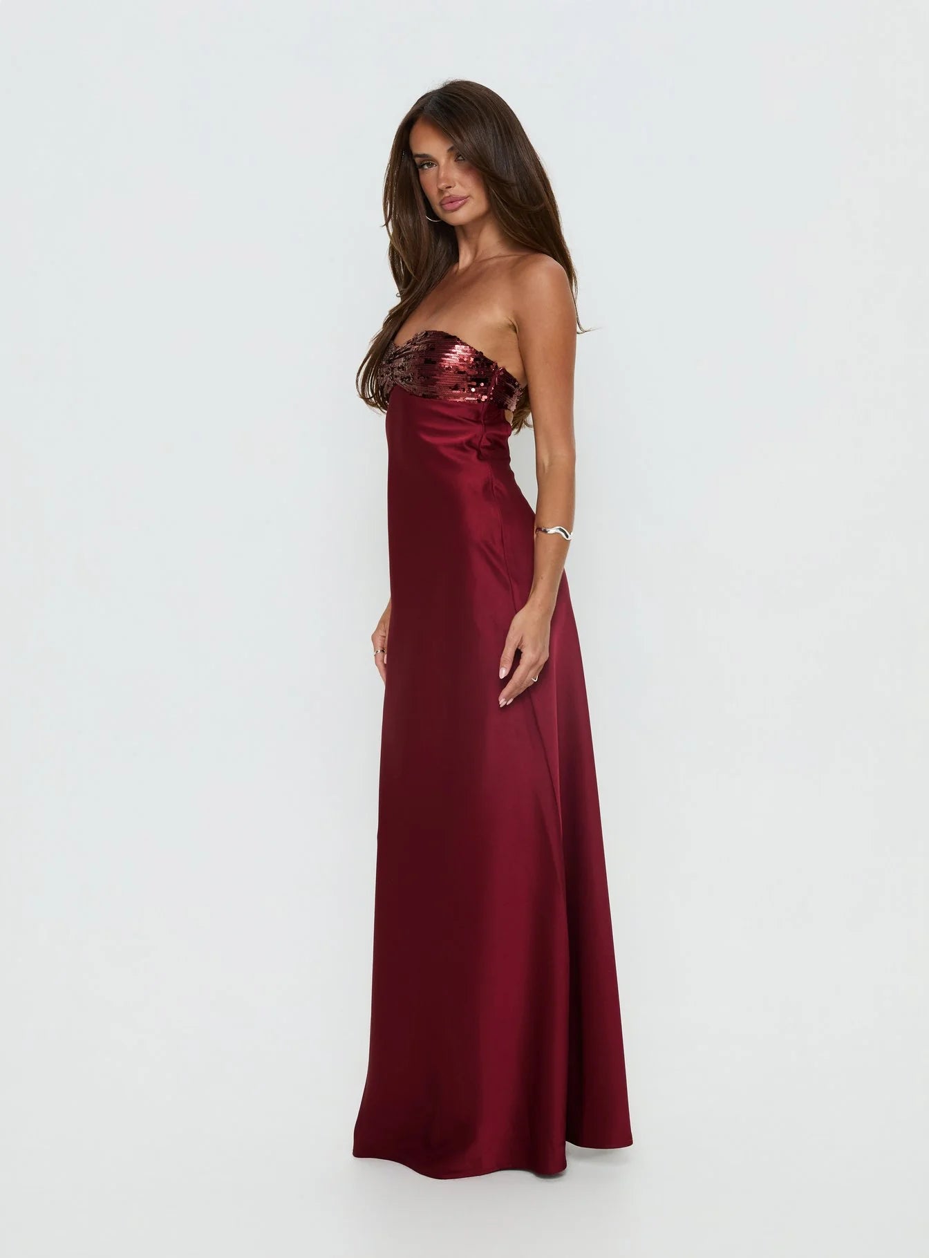 See The Vision Sequin Bust Strapless Maxi Dress Burgundy