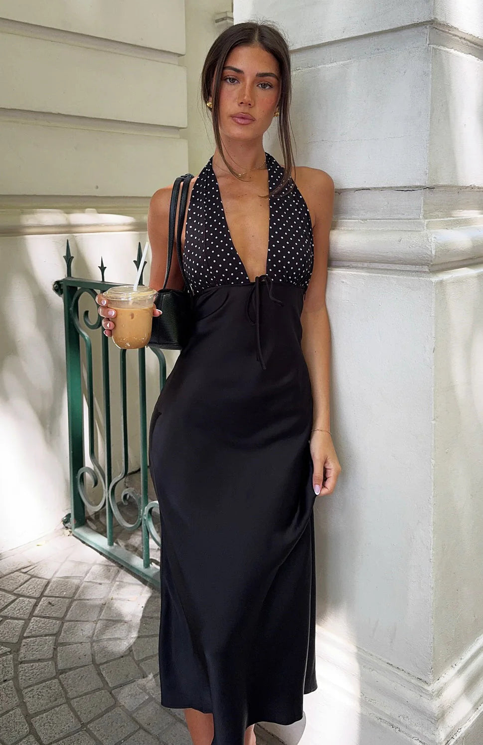 Guess You Miss Me Halter Maxi Dress Black/Ivory Dot