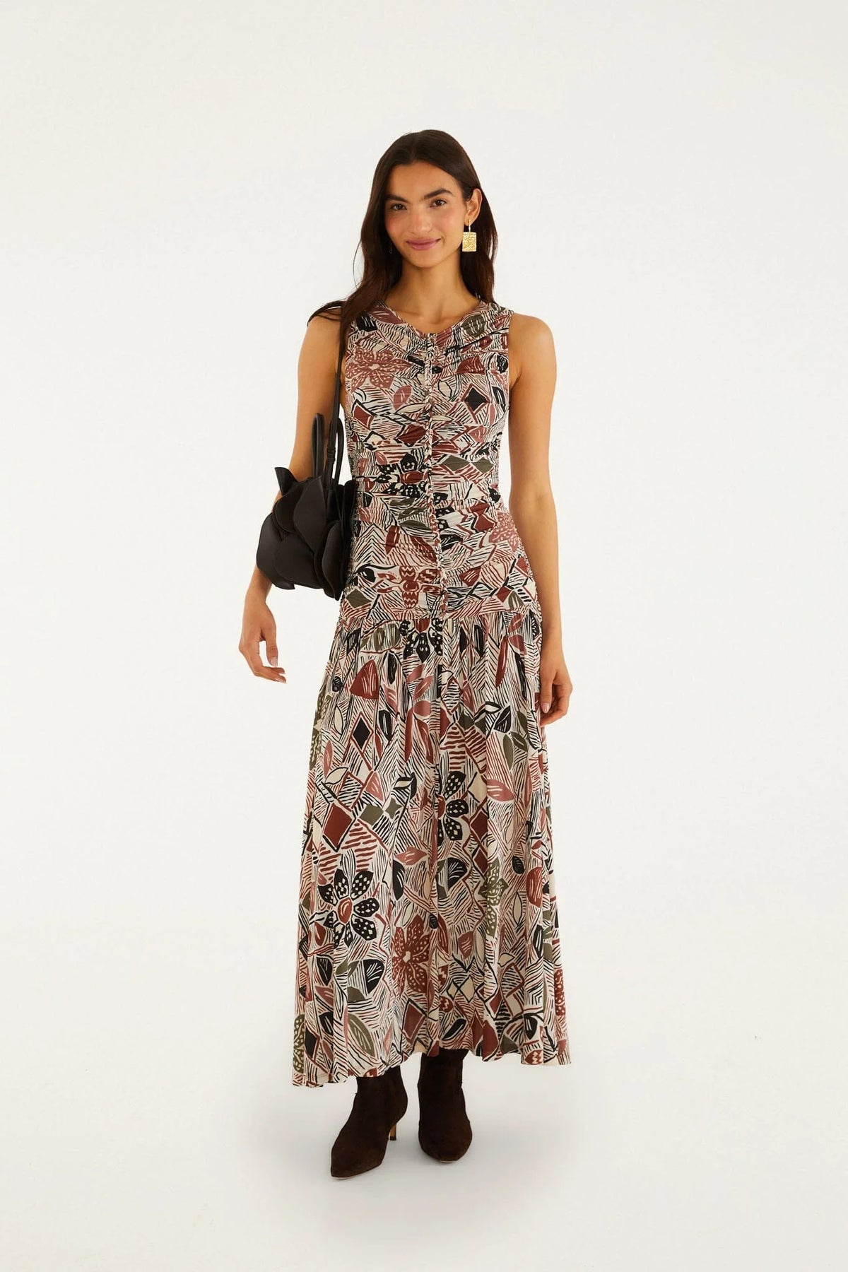 Multicolor Rustic Flowers Sleeveless Ruched Maxi Dress