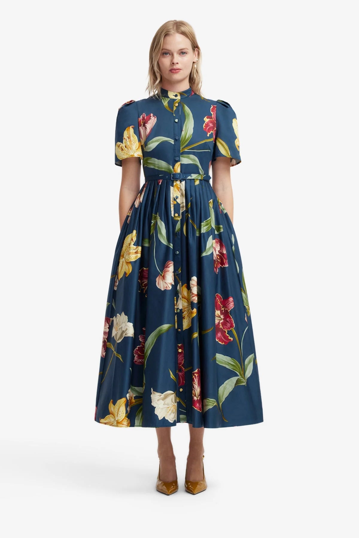 Bianca Short Sleeve Midi Dress - Lily Print in Indigo