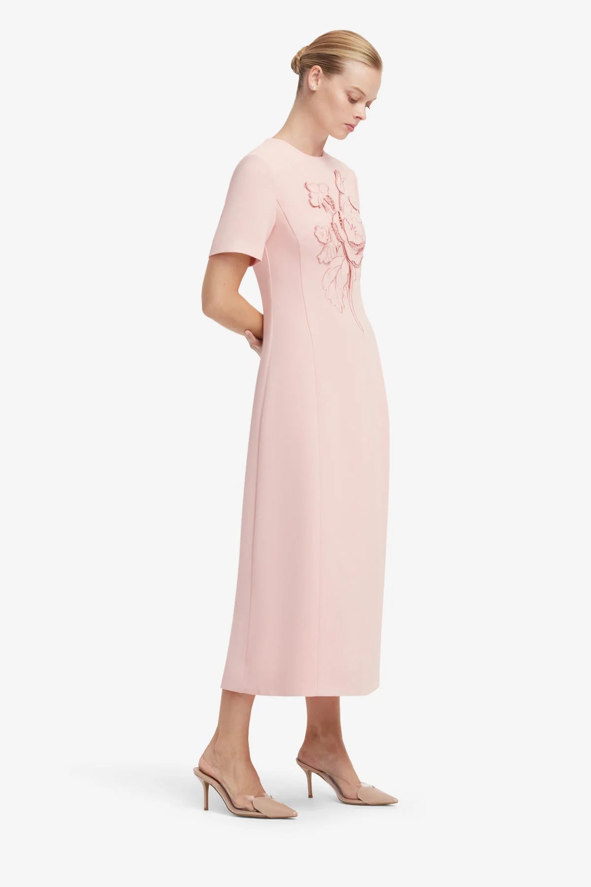 Caroline Appliqué Short Sleeve Midi Dress - Dusty Pink