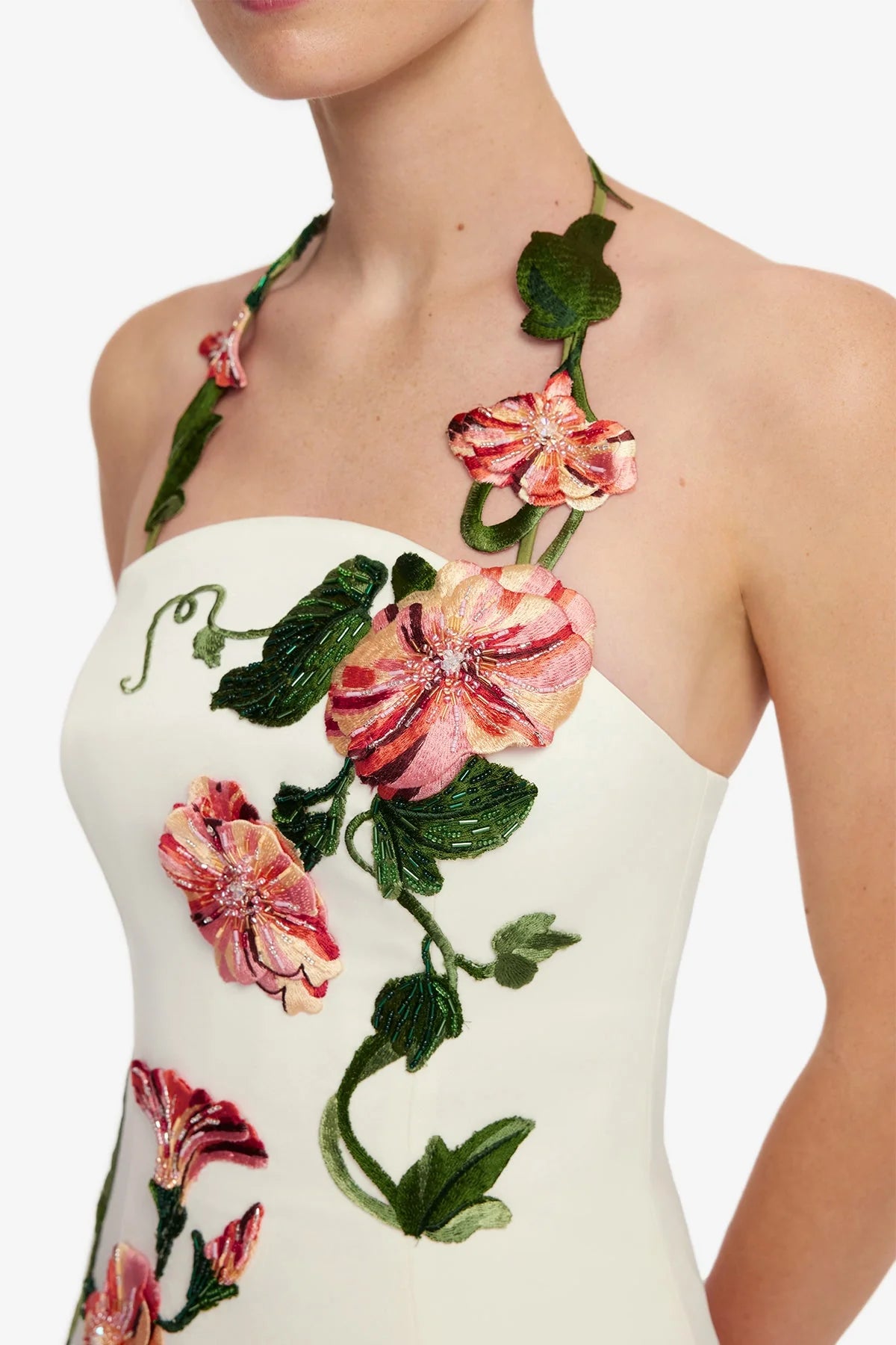 Ava Halterneck Appliqué Floral Bustier Maxi Dress - Vine Print in Snow