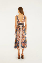 Soft Pink Garden Scarf V Neck Midi Dress