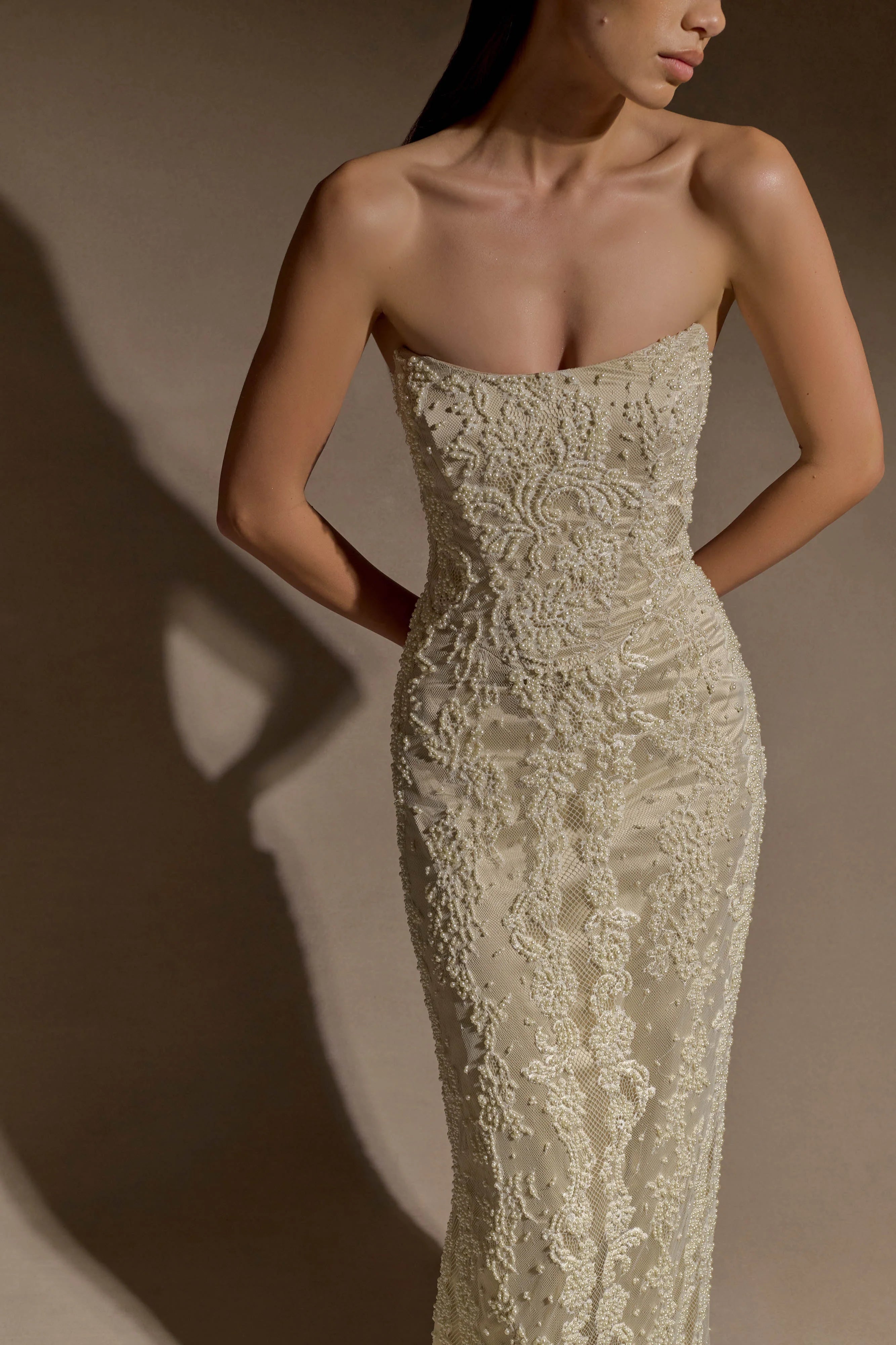 Eva Hand Beaded Pearl & Lace Maxi Dress - White