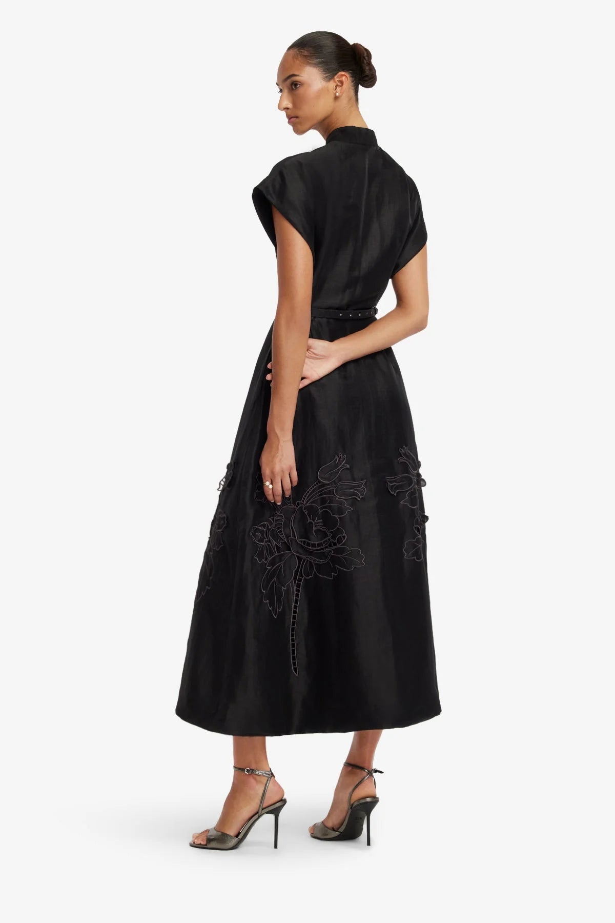 Aubrey Appliqué Shirt Midi Dress - Ebony