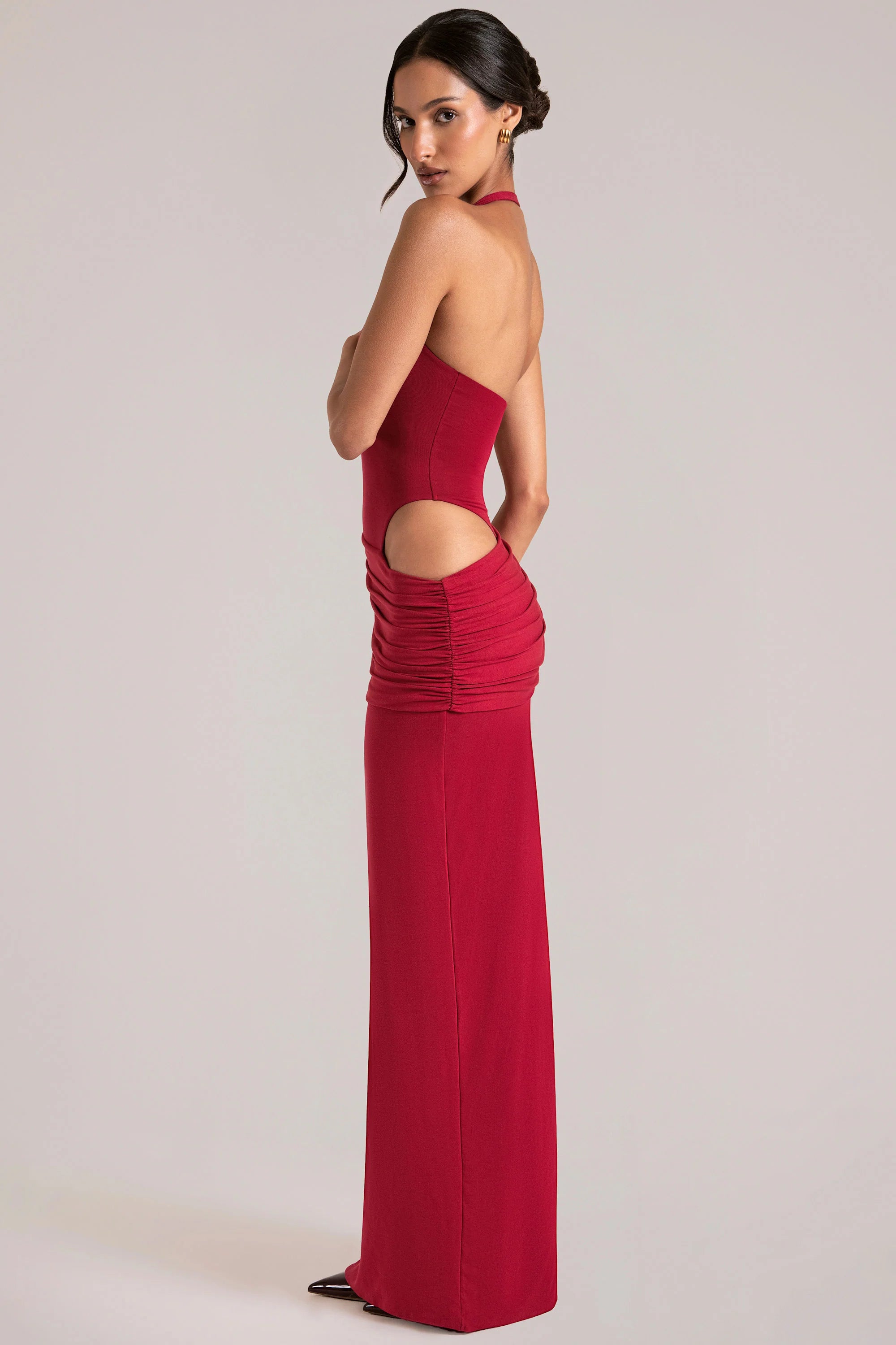 Deep Plunge Halterneck Maxi Dress in Cherry Red