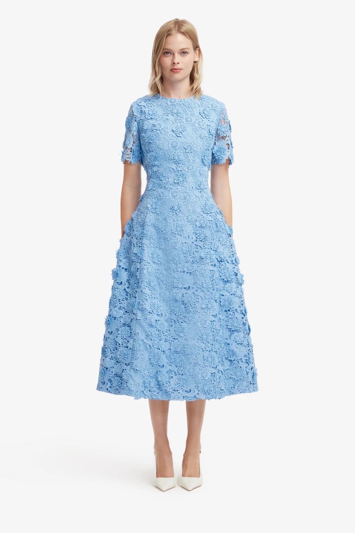 Caroline Lace Short Sleeves Midi Dress - Pastel Blue