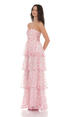 Smocked Floral Ruffle Maxi Dress in Pink