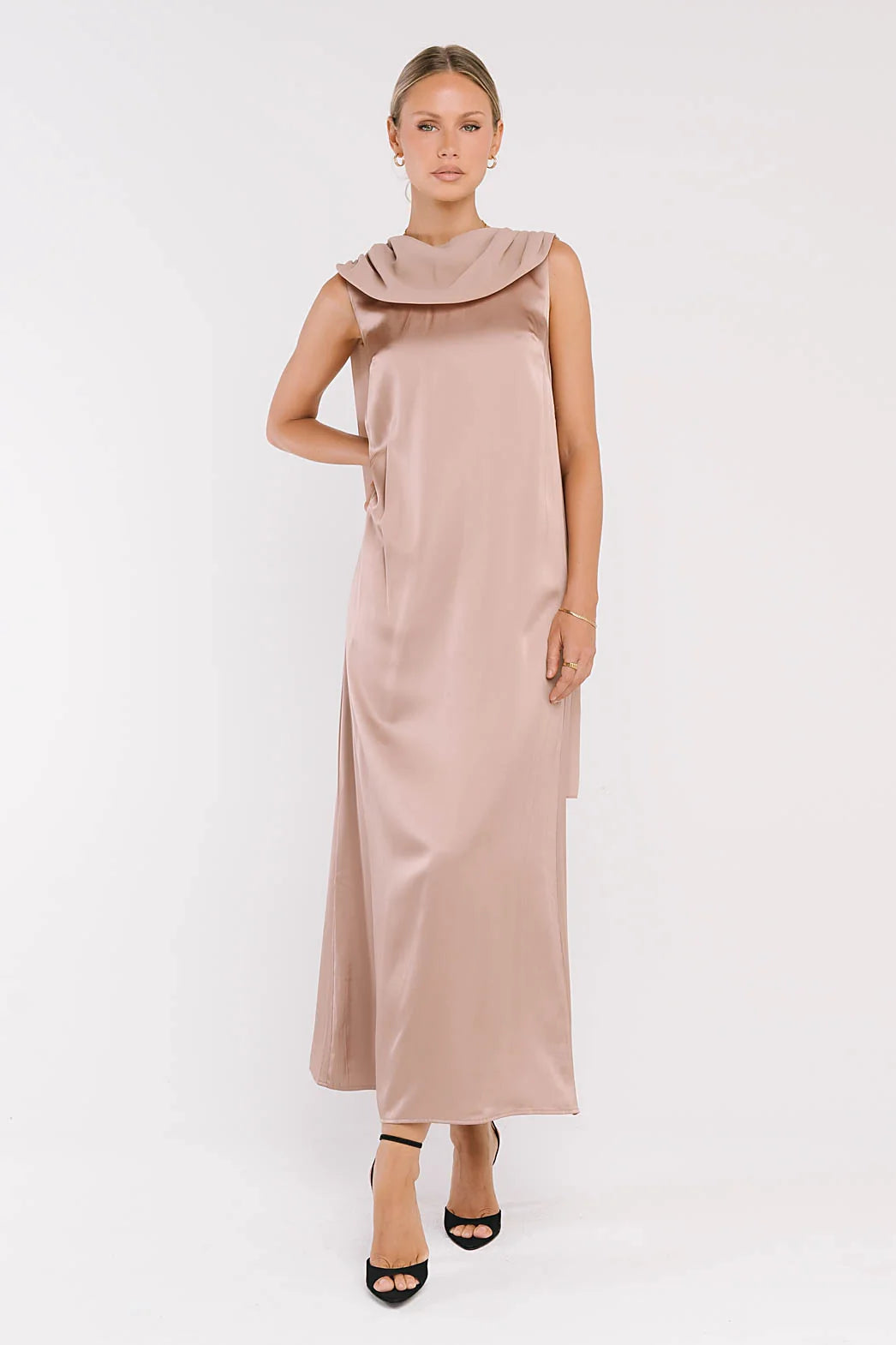 Lauren Satin Maxi Dress in Taupe
