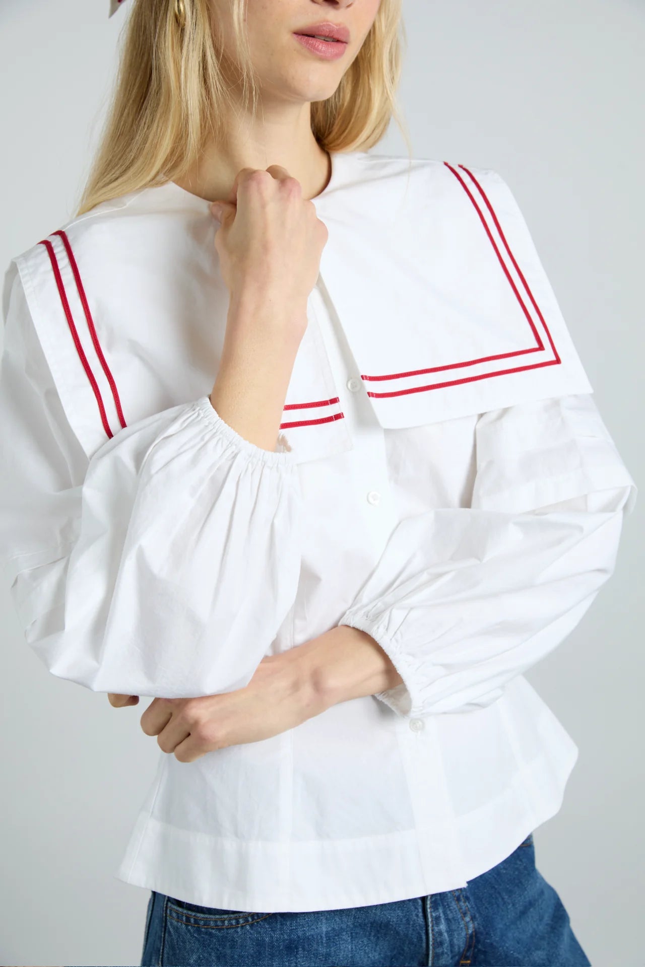 elise blouse - white with red piping