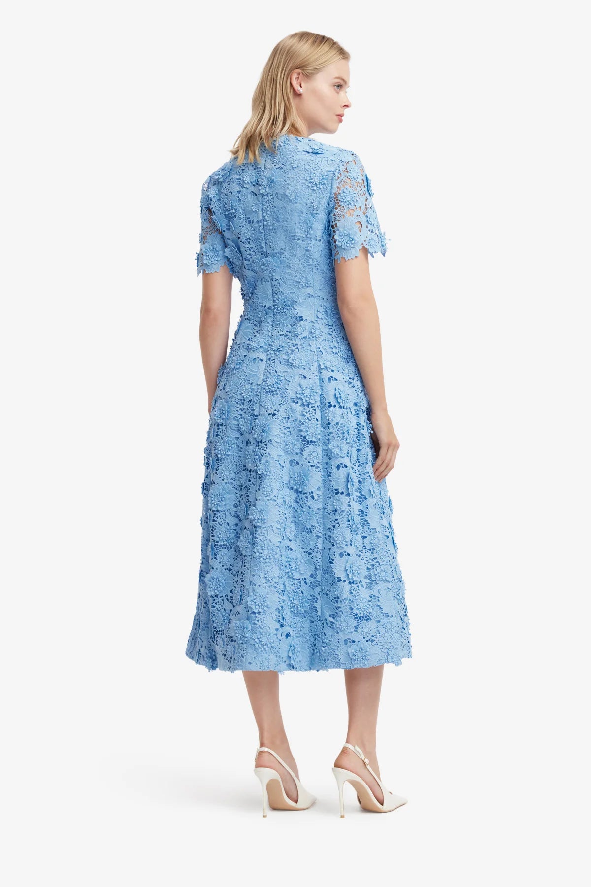 Caroline Lace Short Sleeves Midi Dress - Pastel Blue