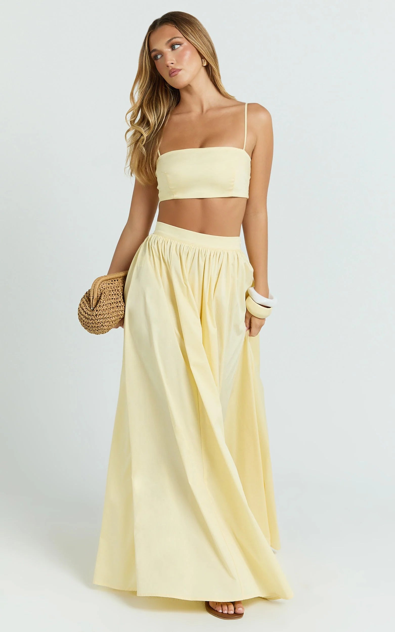 Tegan Two Piece Set - Straight Neck Micro Crop Top and A Line Maxi Skirt Set in Butter Yellow