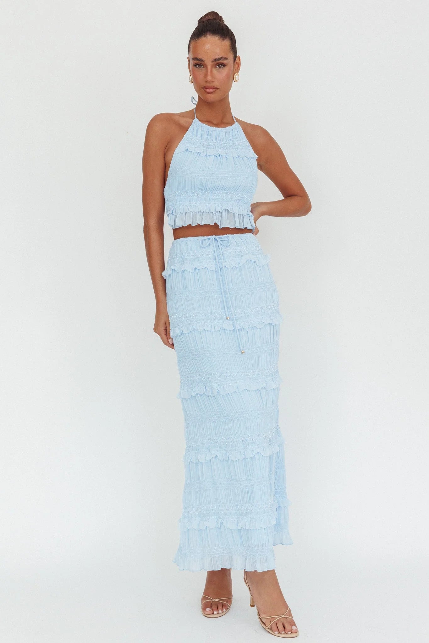 Helios Shirred Sequin Maxi Skirt Blue
