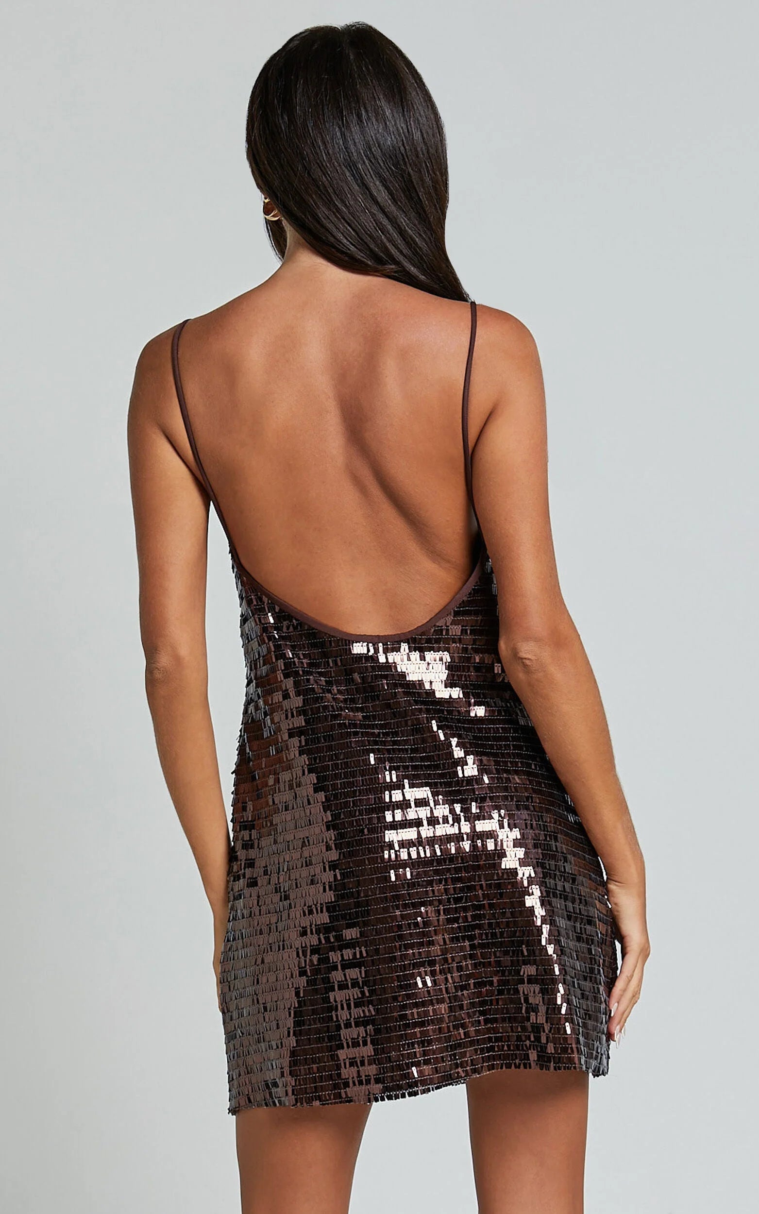 Marleen Mini Dress - Strappy Low Back Sequin Dress in Chocolate