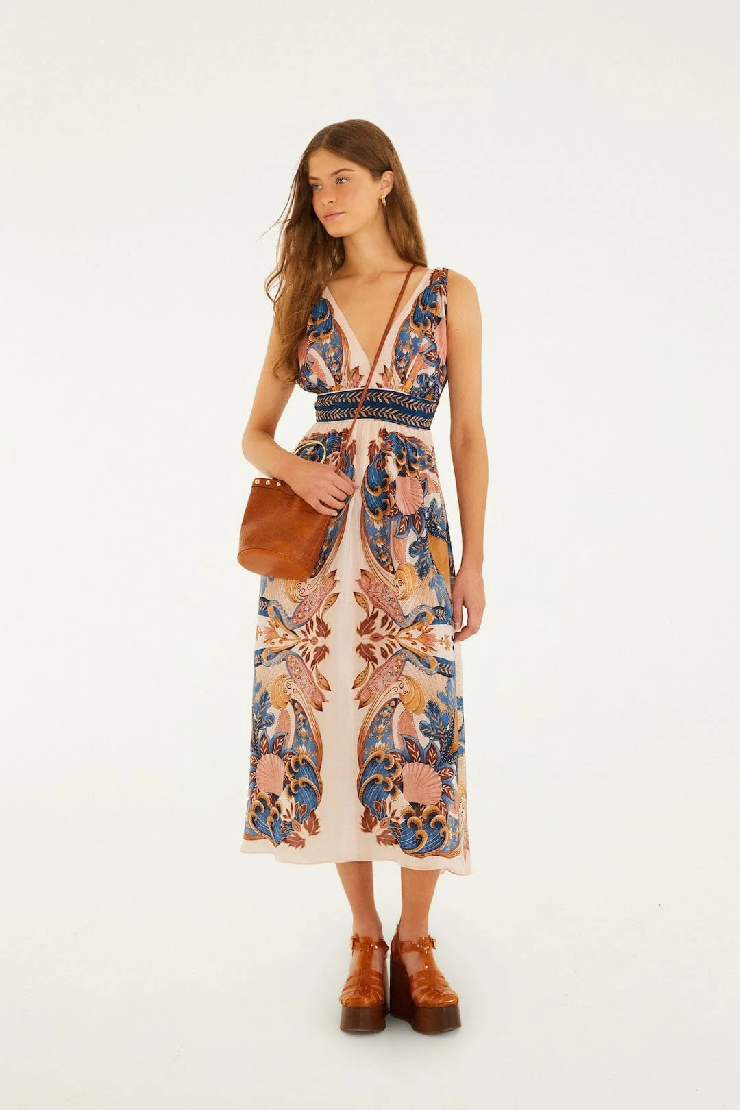 Soft Pink Garden Scarf V Neck Midi Dress