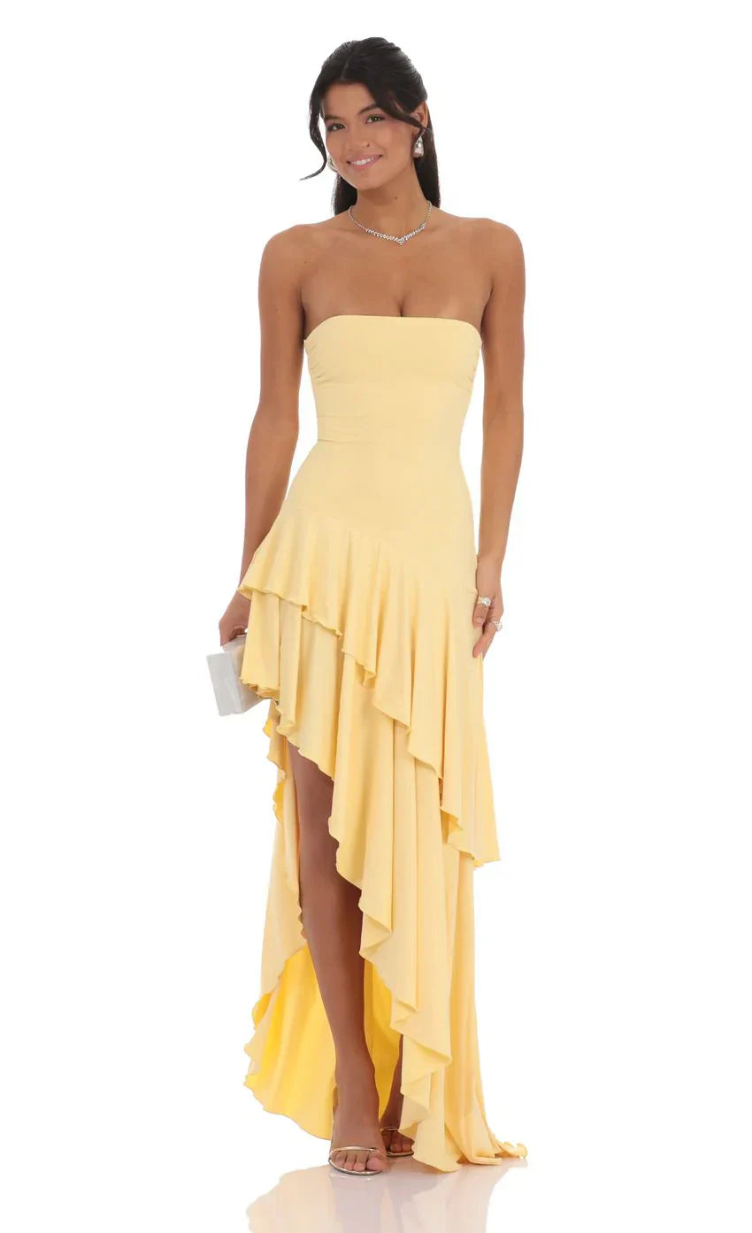 Strapless Ruffle Asymmetrical Maxi Dress in Yellow