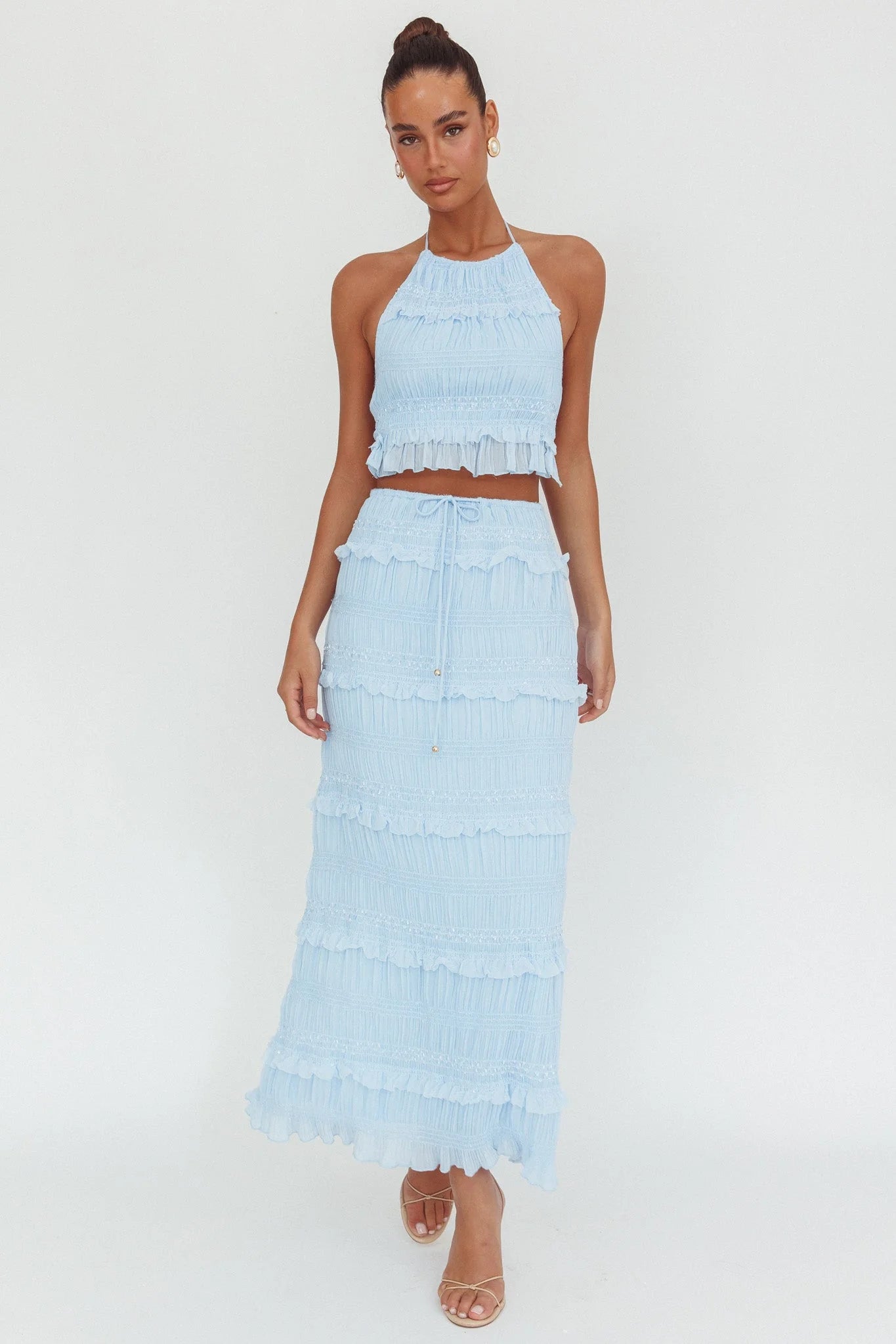 Helios Shirred Sequin Maxi Skirt Blue