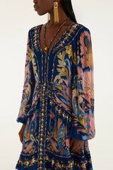 Navy Blue Sea Garden Braid Details Maxi Dress
