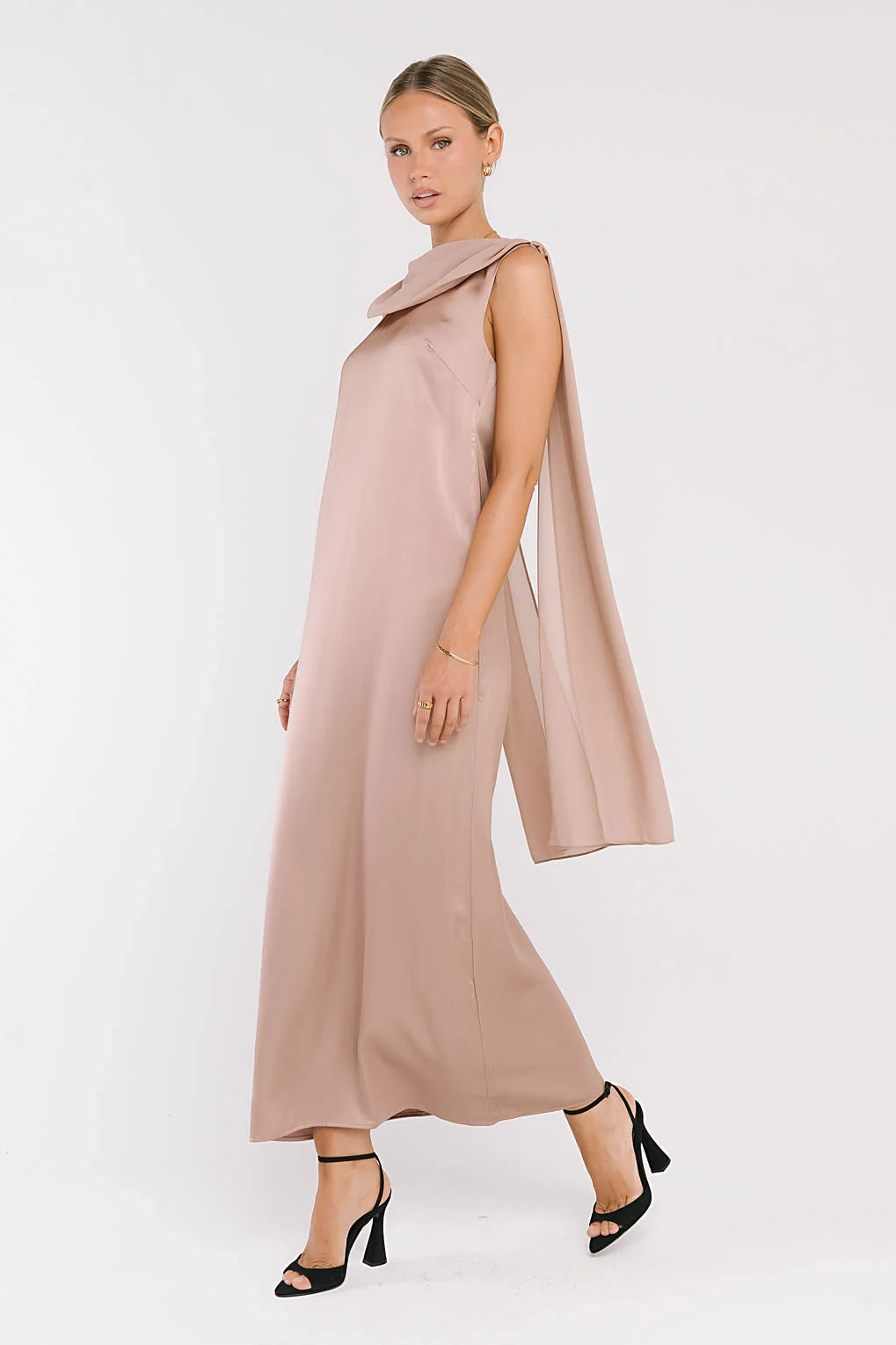 Lauren Satin Maxi Dress in Taupe