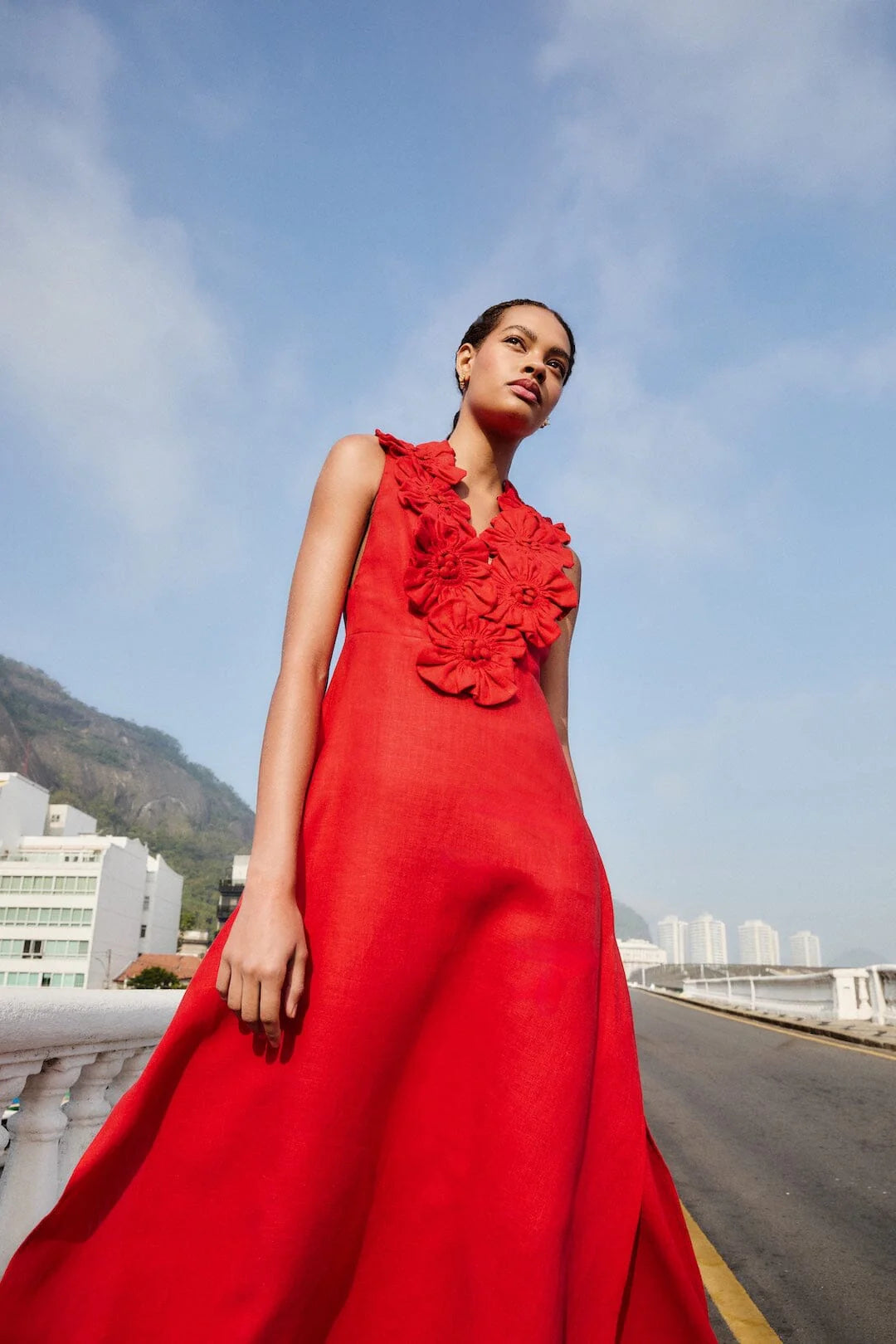 Red 3d Flower Maxi Dress