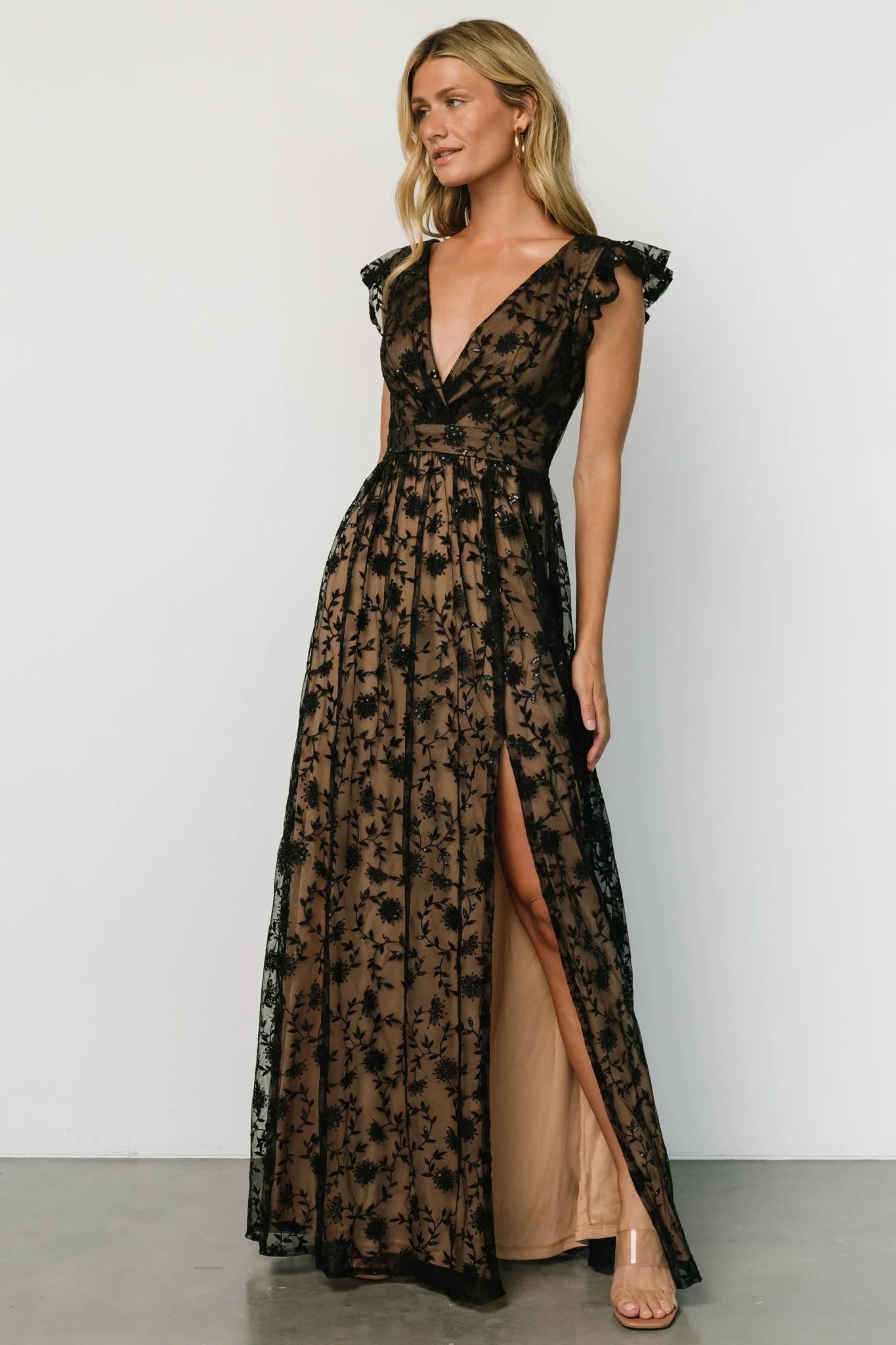 Alexa Embroidered Sequin Maxi Dress | Black + Nude